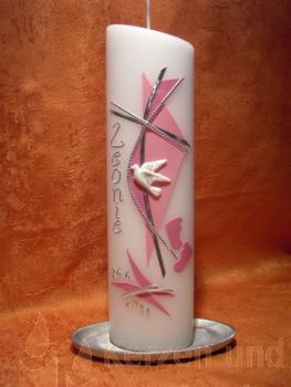 Taufkerze modernes Kreuz Perlmutt rosa mit zwei Füßchen     155