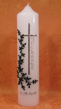 Taufkerze - Kommunionkerze grüne Ranke schlichtes Silber Kreuz     166