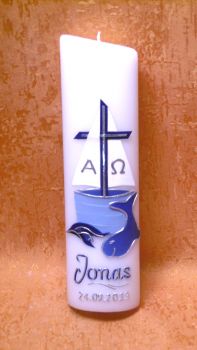 Preview: Taufkerze Segelboot blau Silber und einen Wal       253