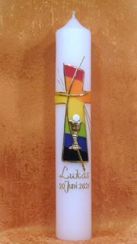 Kommunionkerze Regenbogen Kreuz mit Kelch    5153
