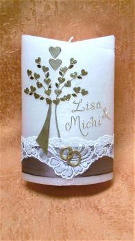 Hochzeitskerze Perlmutt Vintage Lebensbaum Herzen matt Gold Spitzenborte     0015