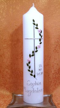 Taufkerze - Kommunionkerze schlichte Grünranke rosa Röschen   140