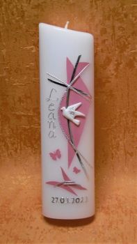 Taufkerze modernes Kreuz Perlmutt rosa mit zwei Füßchen     155