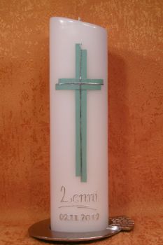 Taufkerze - Kommunionkerze Kreuz pastellgrün mit Taufspruch     165