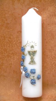 Kommunion - Tischkerze  blaue Rosen      7003