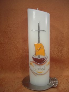 Taufkerze - Kommunionkerze  Boot  braun maisgelb     5295