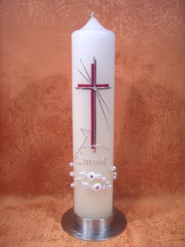 Taufkerze - Kommunionkerze  Brombeere Silber Strassstein Perlenkette      5113