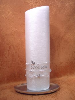 Hochzeitskerze Perlmutt Oval  mit Perlenkette und zwei rote Herzen   541