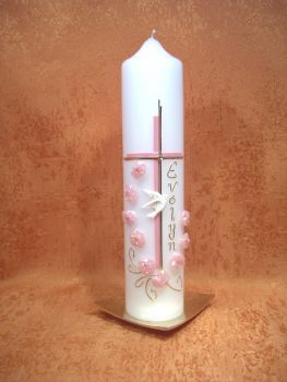 Taufkerze Mädchen rosa Taube Röschen-Strasssteine    159