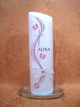 Taufkerze Perlmutt Schmetterling Fuchsia Blümchen     105