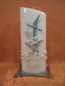 Preview: Kommunion - Firmungskerze modern türkis mit Perlenkette      5439