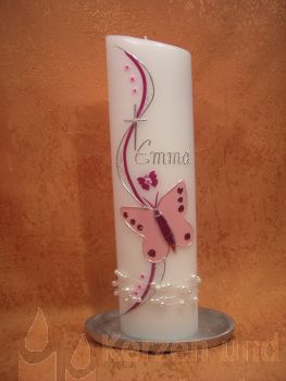 Taufkerze Schmetterling  Perlmutt-rosa Brombeere mit Perlenkette    107