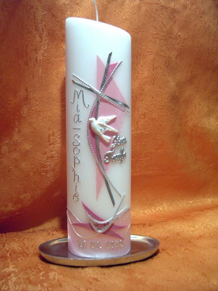 Taufkerze Mädchen rosa modern Perlmutt-rosa Kreuz Zur hl. Taufe     153