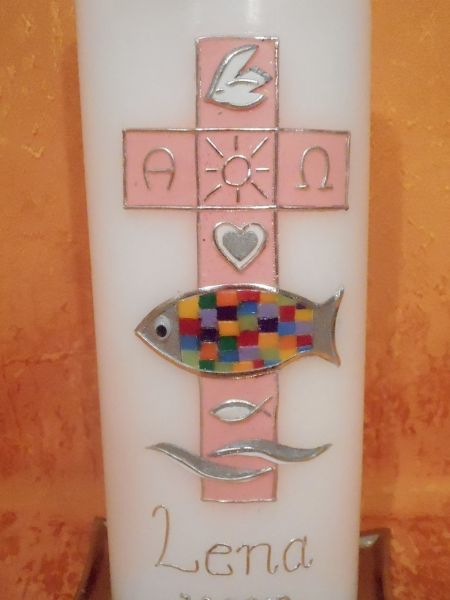 Taufkerze Mädchen rosa Kreuz mit Regenbogenfisch   149