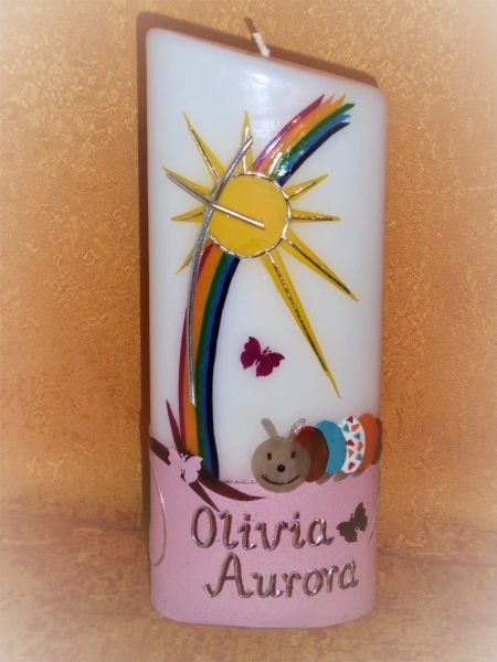 Taufkerze Mädchen rosa Regenbogen bunte Raupe   163