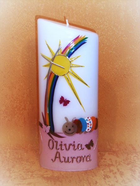 Taufkerze Mädchen rosa Regenbogen bunte Raupe   163