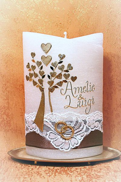 Hochzeitskerze Perlmutt Vintage Lebensbaum Herzen matt Gold Spitzenborte     0015