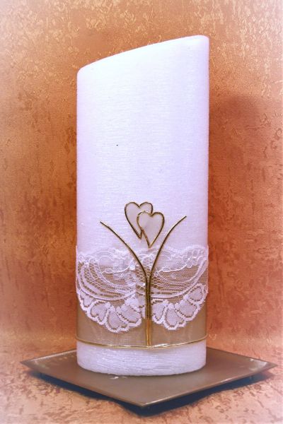 Hochzeitskerze  Perlmutt Vintage Look mit Spitzen Borte    532