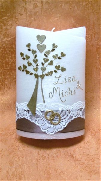 Hochzeitskerze Perlmutt Vintage Lebensbaum Herzen matt Gold Spitzenborte     0015