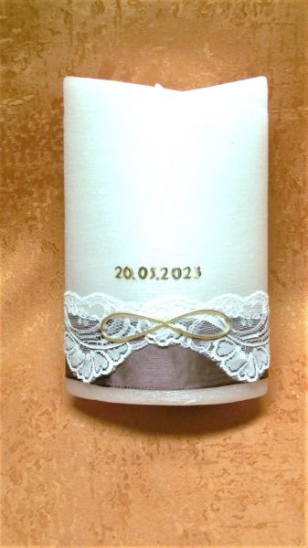 Hochzeitskerze Perlmutt Vintage Lebensbaum Herzen matt Gold Spitzenborte     0015