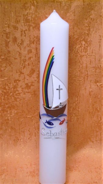 Taufkerze - Kommunionkerze Regenbogen mit Jesus in einen Boot      5203
