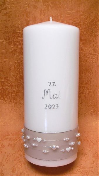 Hochzeitskerze Vintage Look modern Herz und Perlenkette    410