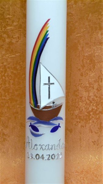 Taufkerze - Kommunionkerze Regenbogen mit Jesus in einen Boot      5202
