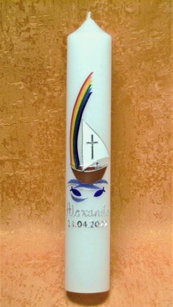 Taufkerze - Kommunionkerze Regenbogen mit Jesus in einen Boot      5202