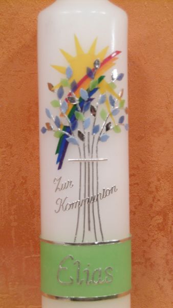 Taufkerze - Kommunionkerze Baum Regenbogen Sonne      1381