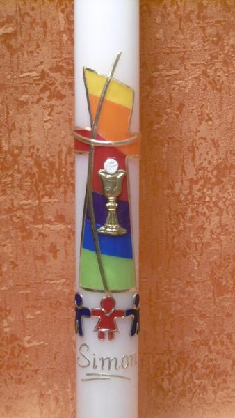 Taufkerze - Kommunionkerze Regenbogen Kreuz Kinder Hand in Hand   5216