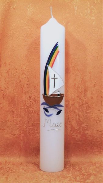 Taufkerze - Kommunionkerze Regenbogen mit Jesus in einen Boot      5202