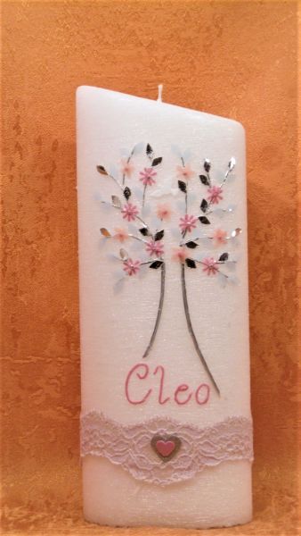 Taufkerze Lebensbaum zart Rosa       1385