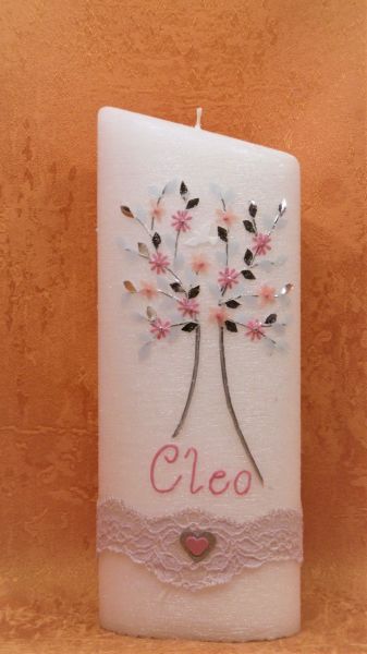 Taufkerze Lebensbaum zart Rosa       1385