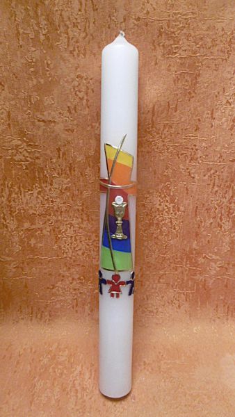 Taufkerze - Kommunionkerze Regenbogen Kreuz Kinder Hand in Hand   5216