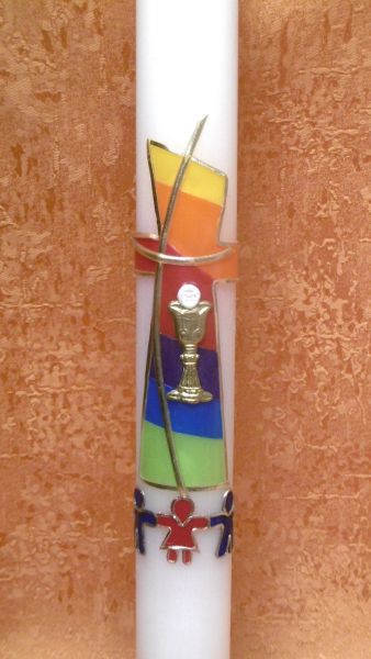 Taufkerze - Kommunionkerze Regenbogen Kreuz Kinder Hand in Hand   5216