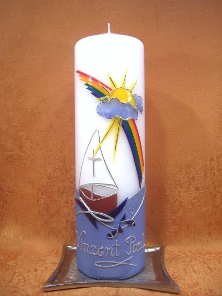 Taufkerze Boot Fische und Regenbogen     356