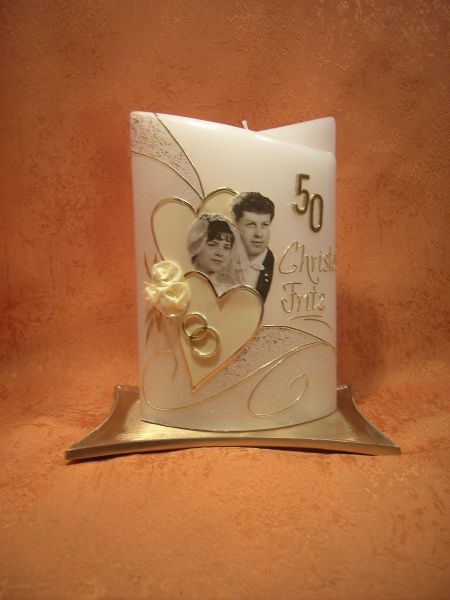 Goldene Hochzeitskerze zwei Herzen mit Rosen     801