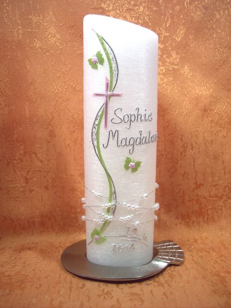 Taufkerze Perlmutt Schmetterling grün- rosa     106