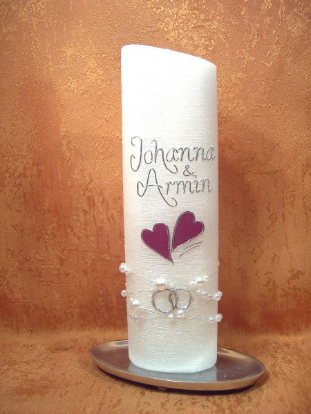 Hochzeitskerze Perlmutt Oval  mit Perlenkette und zwei rote Herzen   541