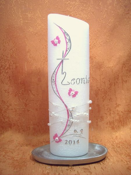 Taufkerze Perlmutt Schmetterling Fuchsia Blümchen     105