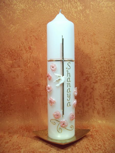 Taufkerze Mädchen rosa Taube Röschen-Strasssteine    159