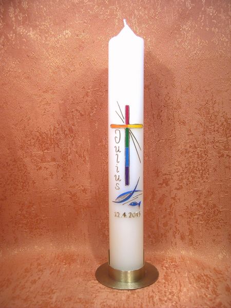 Taufkerze - Kommunionkerze Regenbogen Kreuz mit Fischen    5157