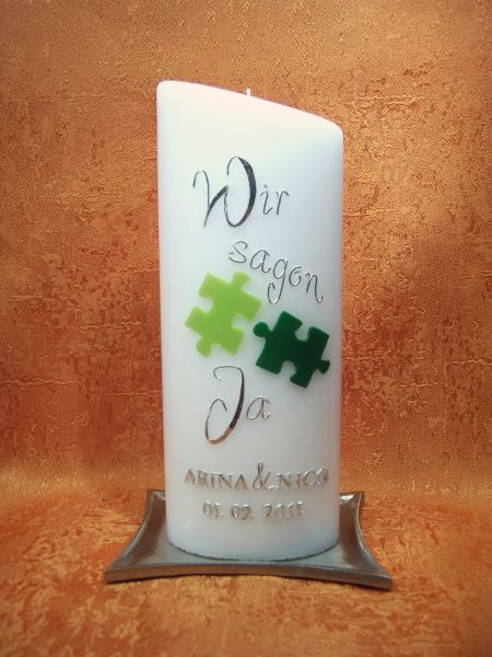 Hochzeitskerze Puzzle grün mit Herzen ,,Wir sagen Ja''     415