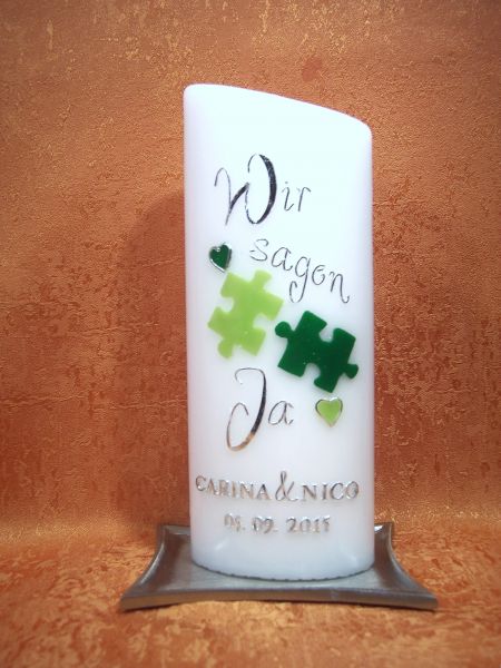 Hochzeitskerze Puzzle grün mit Herzen ,,Wir sagen Ja''     415