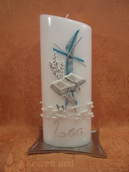 Kommunion - Firmungskerze modern türkis mit Perlenkette      5439