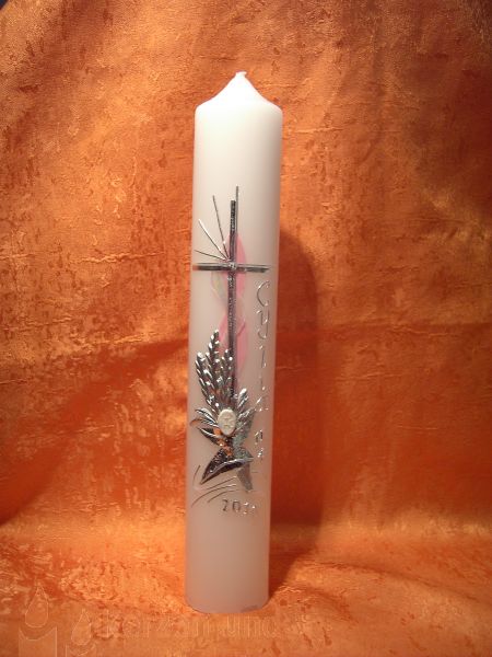Kommunionkerze modernes Kreuz Silber mit ein Strassstein   5101
