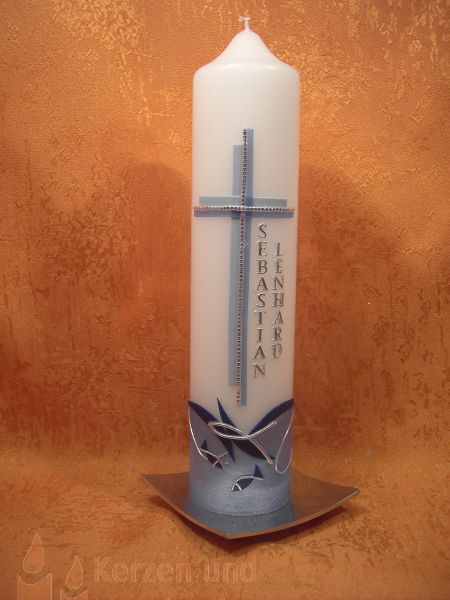 Taufkerze schlicht blaues Silber Kreuz    264